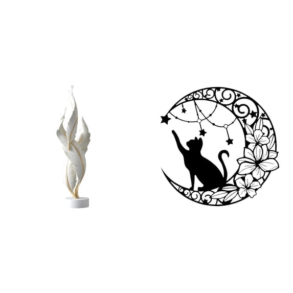 2 Pieces Wall Art Decor Sculpture Set Minimalist Black Cat and Feather Design for Living Room Office Home