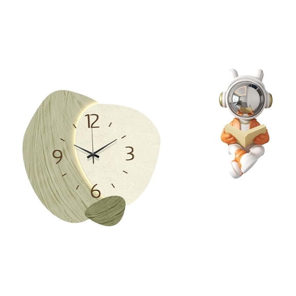 2 Pieces Wall Clock Astronaut Statue Resin Sculpture Silent Design for Office Bedroom Living Room Table Decor