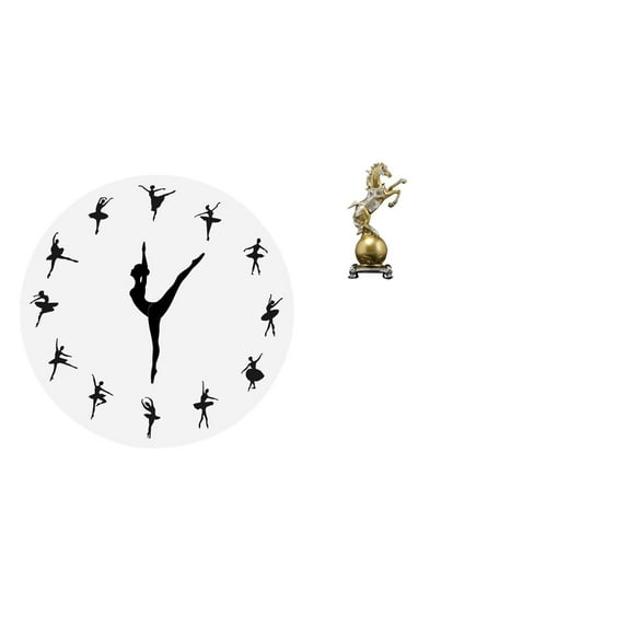 2 Pieces Wall Clock Ballerina Horse Statue Resin Material Silent Quiet Movement for Living Room Office Shelf