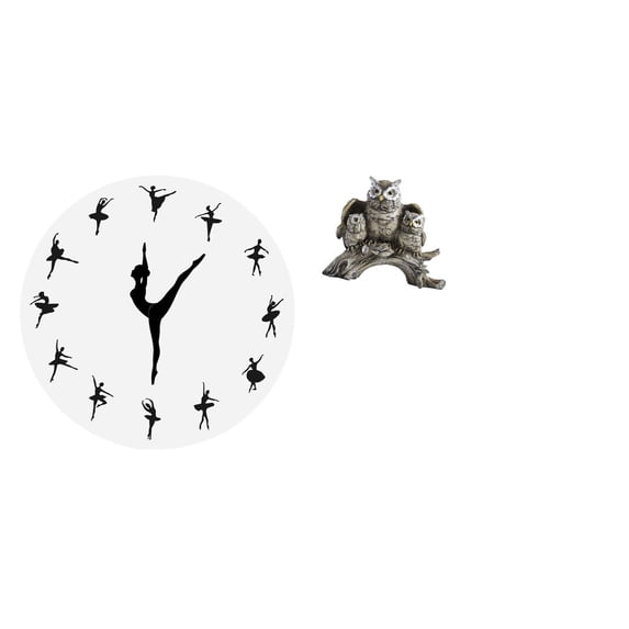 2 Pieces Wall Clock Ballerina Owl Figurine Resin Material Living Room Kitchen Bedroom Decor