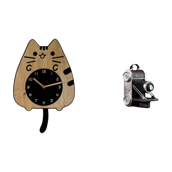 2 Pieces Wall Clock Camera Statue Ornament Wooden Resin Material Home Living Room Decor Gift