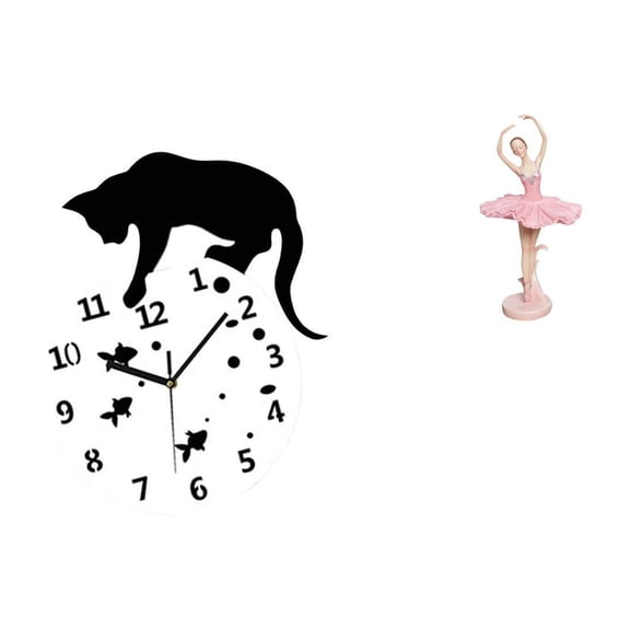 2 Pieces Wall Clock Cat Decorative Ballet Girl Sculpture Glass and Resin Material for Living Room and Office Display