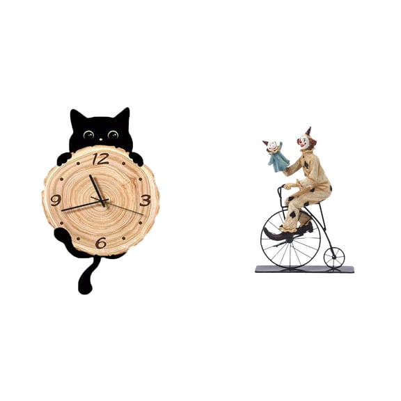 2 Pieces Wall Clock Clown Figurine Sculpture Silent No Ticking Operation for Home Office Bedroom Decor