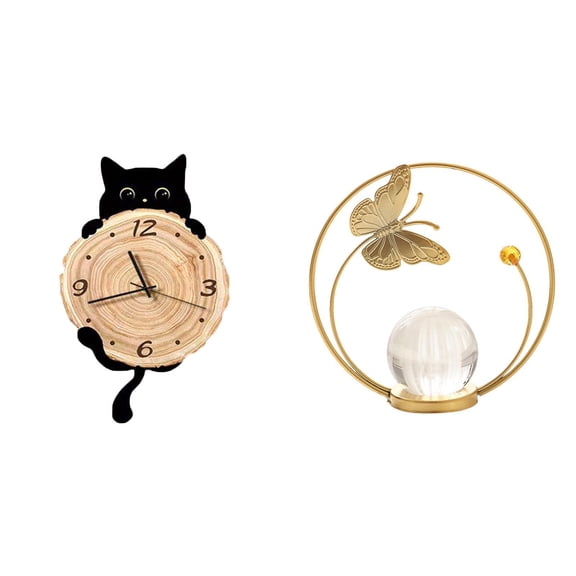 2 Pieces Wall Clock Crystal Ball Statue Metal Figurine with Quiet Movement for Office Bedroom Living Room Decor