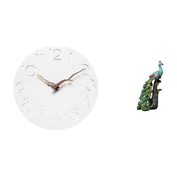 2 Pieces Wall Clock Decorative Peacock Statue Desktop Figurine Resin Material for Modern Home Office Kitchen Bedroom