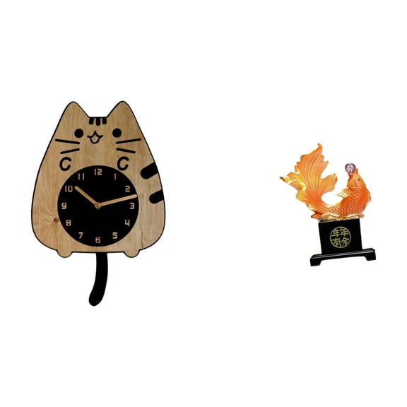 2 Pieces Wall Clock Fish Sculpture Wooden Resin Decor Silent Operation for Living Room Kitchen Office Housewarming Gift