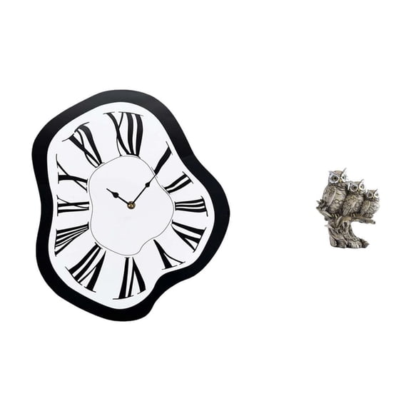 2 Pieces Wall Clock Owl Figurine Melting Sculpture Acrylic Silent Movement Home Office Decor Living Room Shelf Ornament