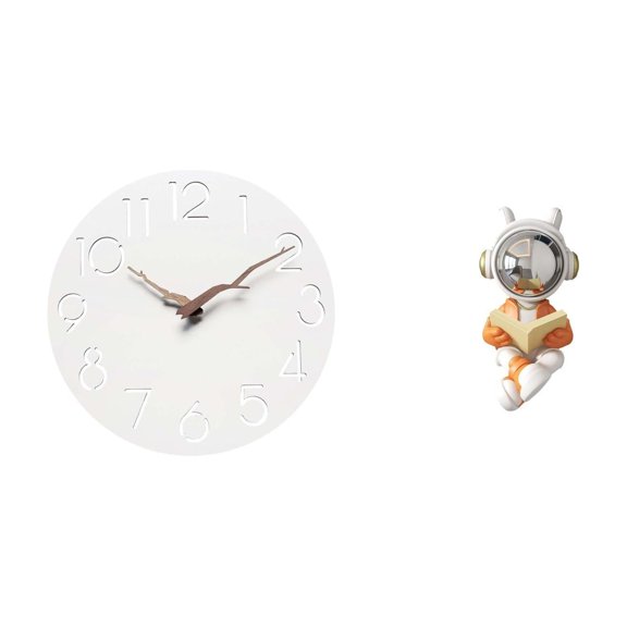 2 Pieces Wall Clock Quiet Silent Astronaut Statue Space Figure Elegant Modern Design for Home Office Table Decoration