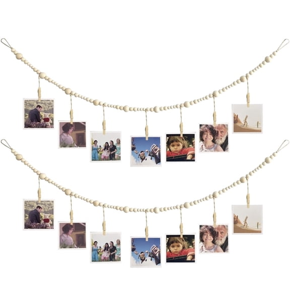 2 Pieces Wall Hanging Photo Display with Wooden Beads Garland,Photo Display Hanger with 7 Wood Clips,Collage Photo Frame Decoration,Collage Card Picture Kids Art Holder String for Christmas,4 ft