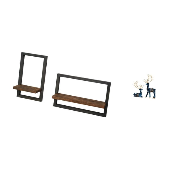 2 Pieces Wall Storage Shelves Floating Wood Shelves Deer Sculpture Unique Resin Decor for Kitchen Living Room Office