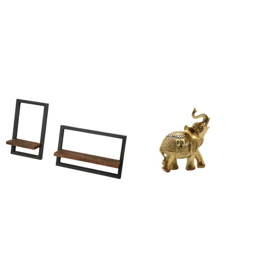 2 Pieces Wall Storage Shelves Wooden Floating Shelf Elephant Statue Resin Structure for Office Living Room Desk Decor