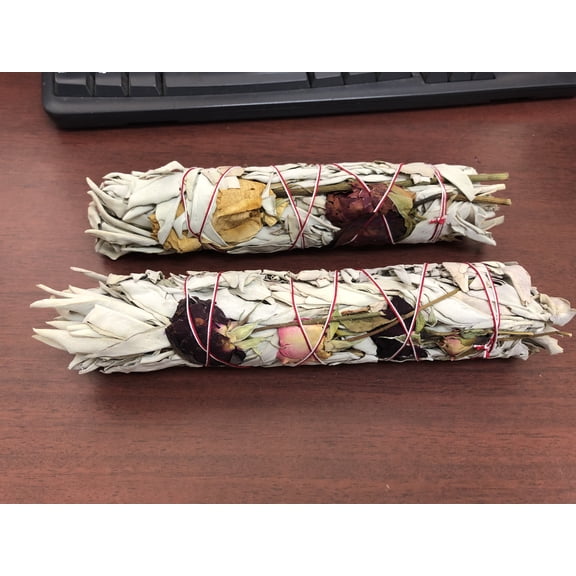 2 Pieces White SAGE With RED Rose Smudge Kit Refills Spiritual Cleansing 9"