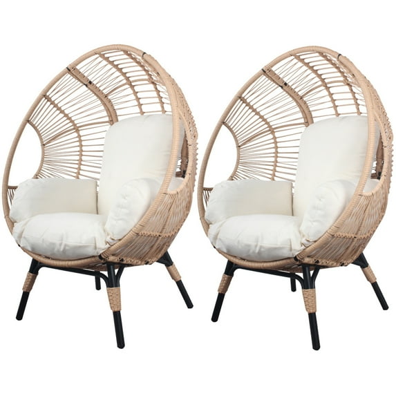2 Pieces Wicker Egg Chairs, Oversized Indoor Outdoor Egg Chairs with Extra Deep Seat, 8 Cushions & Adjustable Feet for Patio, Backyard, Living Room, Steel Frame, 500lb Capacity, Natural