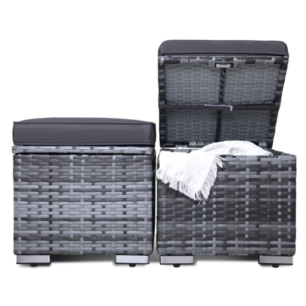 2 Pieces Wicker Storage Ottomans, Outdoor Footstools with Removable