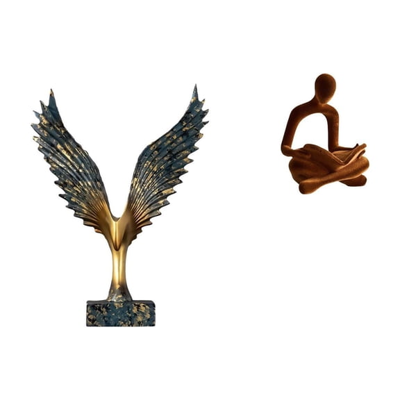 2 Pieces Wing Statue Human Figurine Abstract Thinker Resin Material for Office Shelf Wedding Decor