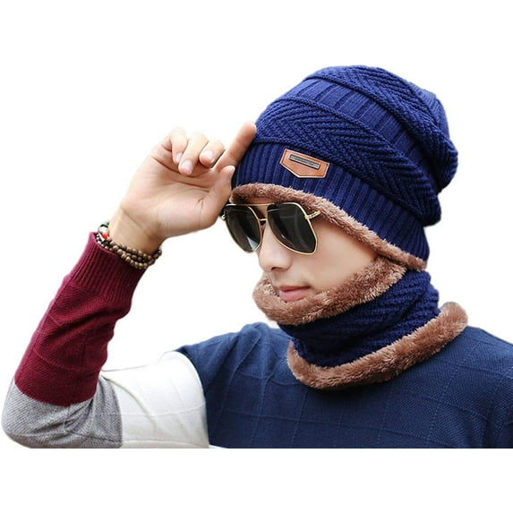 2 Pieces Winter Hat Scarf Set Warm Knit Thick Beanie Scarves Knitted Cap for Men