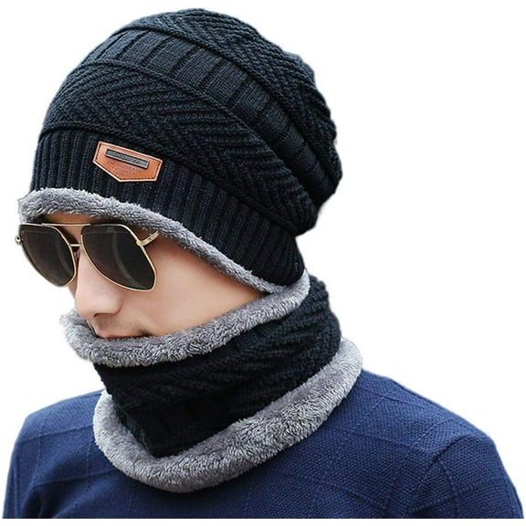 2 Pieces Winter Hat Scarf Set Warm Knit Thick Beanie Scarves Knitted Cap for Men