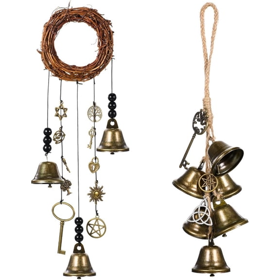 2 Pieces Witch Bells Protection Door Hangers Witch Wind Chimes Wreath Handmade Hanging Witch Bells Wiccan Magic Wind Chimes for Home Door Doorknob Witchcraft Decorations