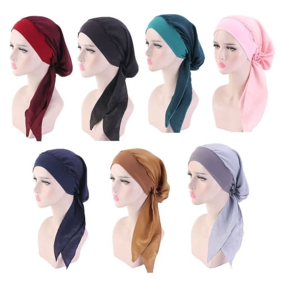 2 Pieces Women Headwear Vintage Imitation Silk Solid Color with Wide Band Sleeping Hat Bonnet Hair Cover for Sleeping