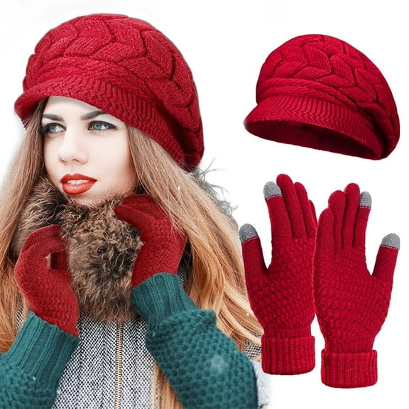2-Pieces Women Winter Hat and Glove Set, Warm Knitted Beanie Hat Glove Snow Ski Skull Cap with Visor and Touchscreen Glove