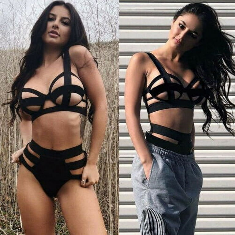 2 Pieces Women's Sexy Lingerie Solid Color Hollow Bandage Bra and Thong  Night Clothes Outfits