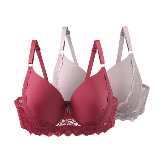 2 Pieces Womens Bras with Underwire Deep V Solid Color Lace Underwear Soft Breathable Push up Everyday Bralettes (110C, Khaki,Wine)