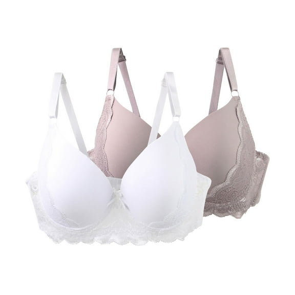 2 Pieces Womens Bras with Underwire Deep V Solid Color Lace Underwear Soft Breathable Push up Everyday Bralettes (95C, Khaki,White)
