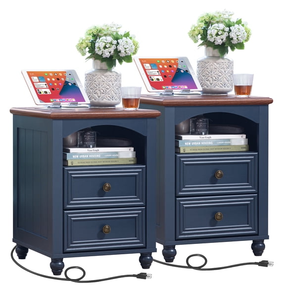 2 Pieces Wood 2 Drawer with Shelf Nightstand, LELELINKY Beside Table Farmhouse Side Table for Bedroom Living Room, Blue