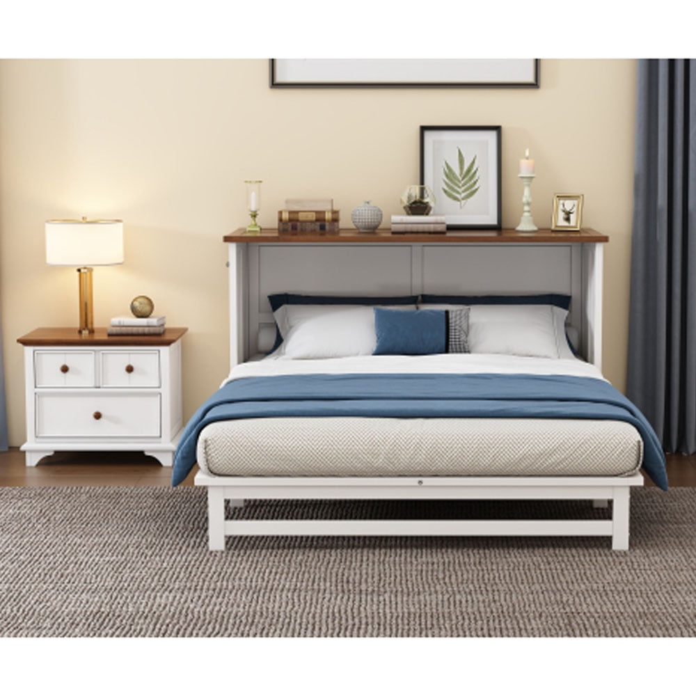 2 Pieces Wooden Bedroom Set Queen Murphy Bed and Nightstand, White ...