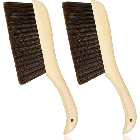 2 Pieces Woooden Hand Broom Dust Brush with Wood Handle Whisk Broom Soft Bristle Brush Home Cleaning Brush for Counter Bed Sofa Car Fireplace Clothes Household Cleaning(Brown)