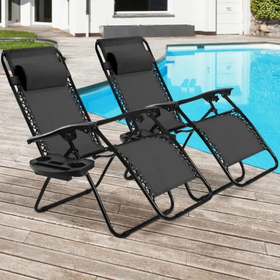 2 Pieces Zero Gravity Folding Recliner, Terrace Recliner, Comfortable Breathable, Durable, Easy To Transport, Tray Terrace, Poolside, Beach, Balcony, Living Room Black