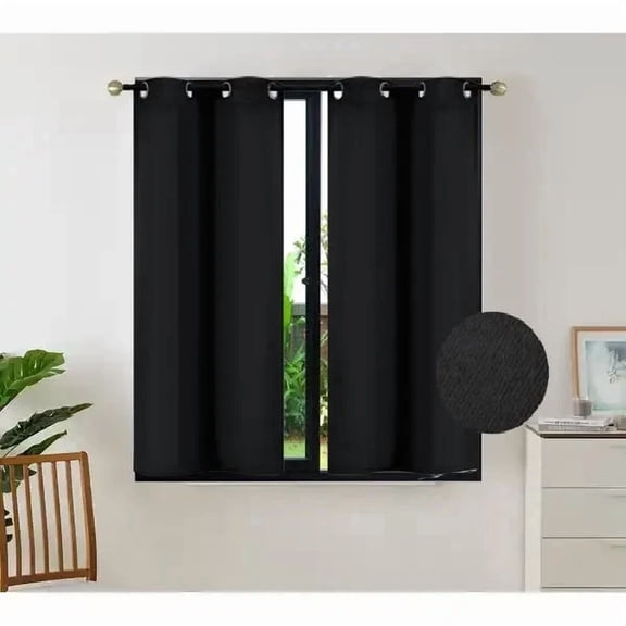 Gorgeous Home Linen Thermal Grommet Black Short Window Panels 28" Wide Curtain Unlined Blackout 54" Long 2pc