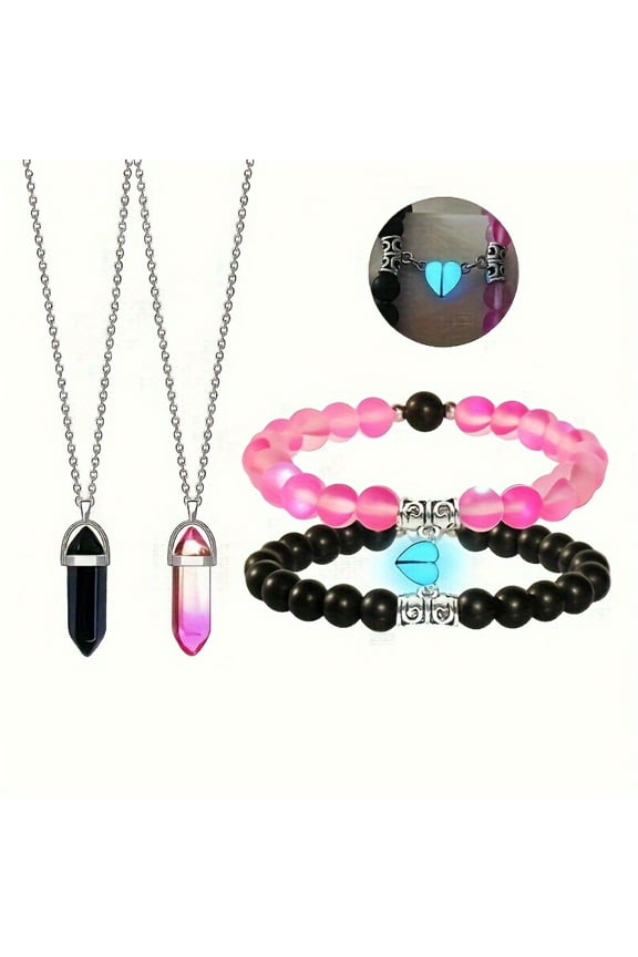 2 Pieces for Men WOMEN Couple Best Friend Jewelry Set Gift, Necklace Luminous Heart Matching Bracelet Vintage Boho Style,Rose and Black