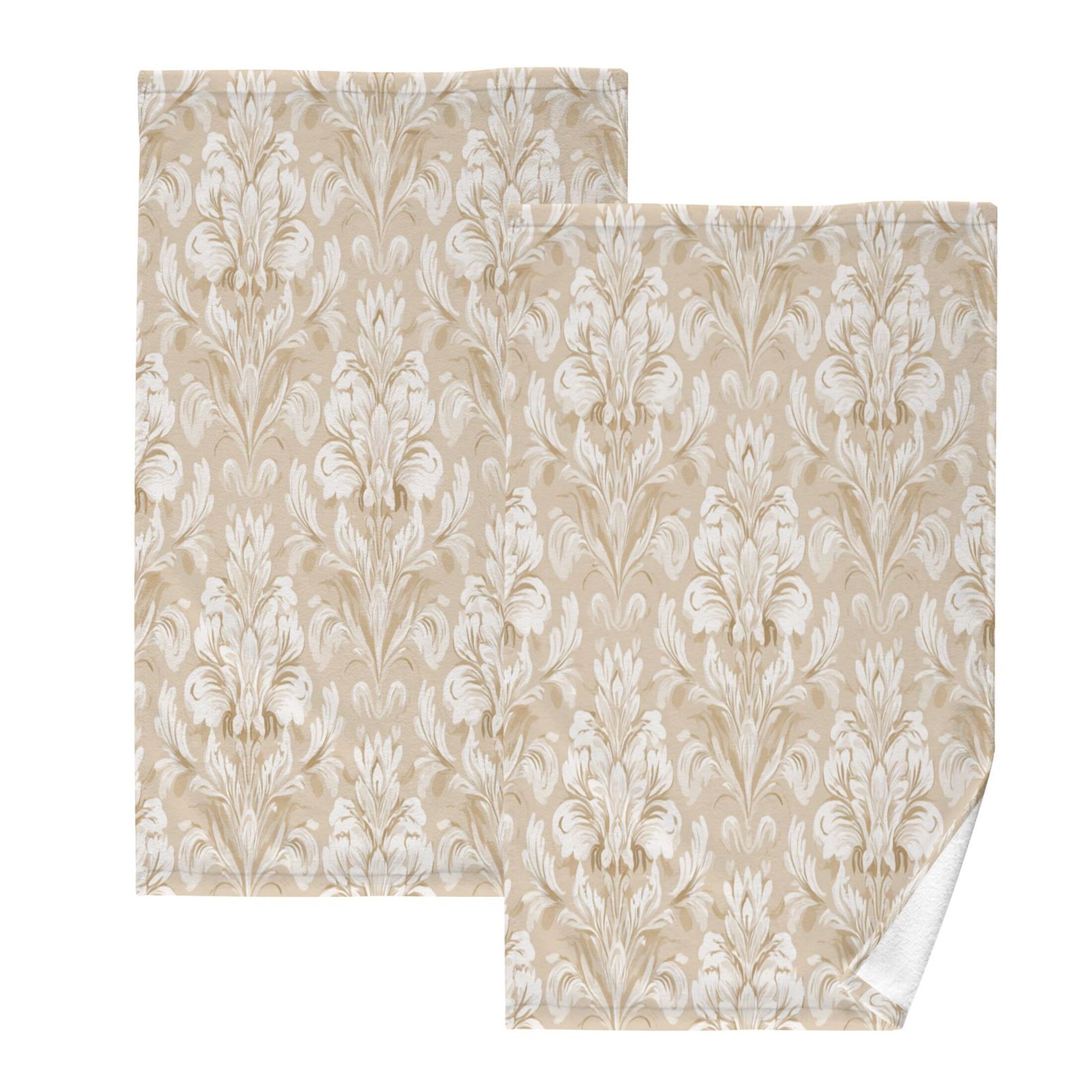 2 Pieces of Cotton Towel Face Towel Set Hand Towel Bath Towel Cotton Bath Towel Sets Beige Damask Pattern White