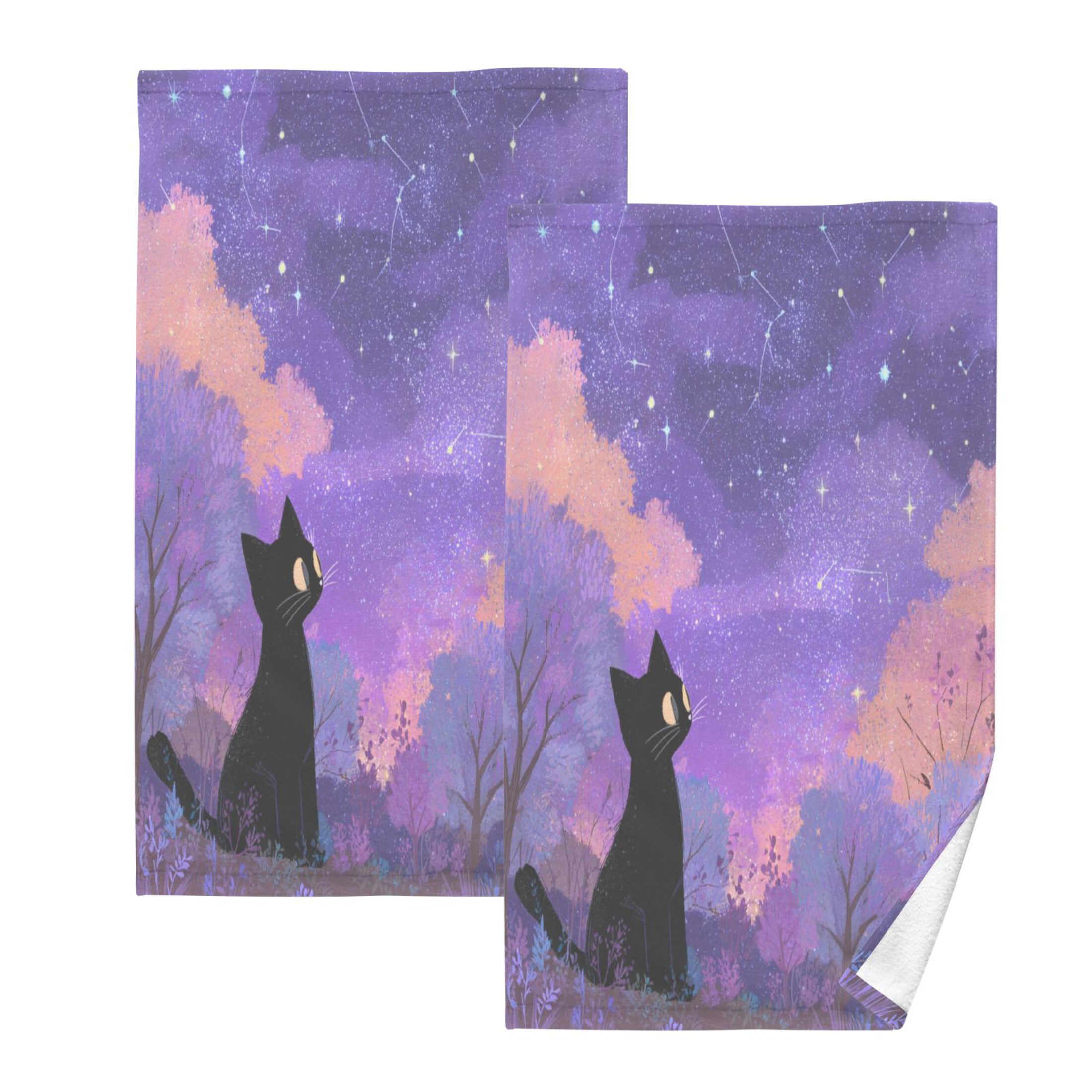 2 Pieces of Cotton Towel Face Towel Set Hand Towel Bath Towel Cotton Bath Towel Sets Black Cat Cute