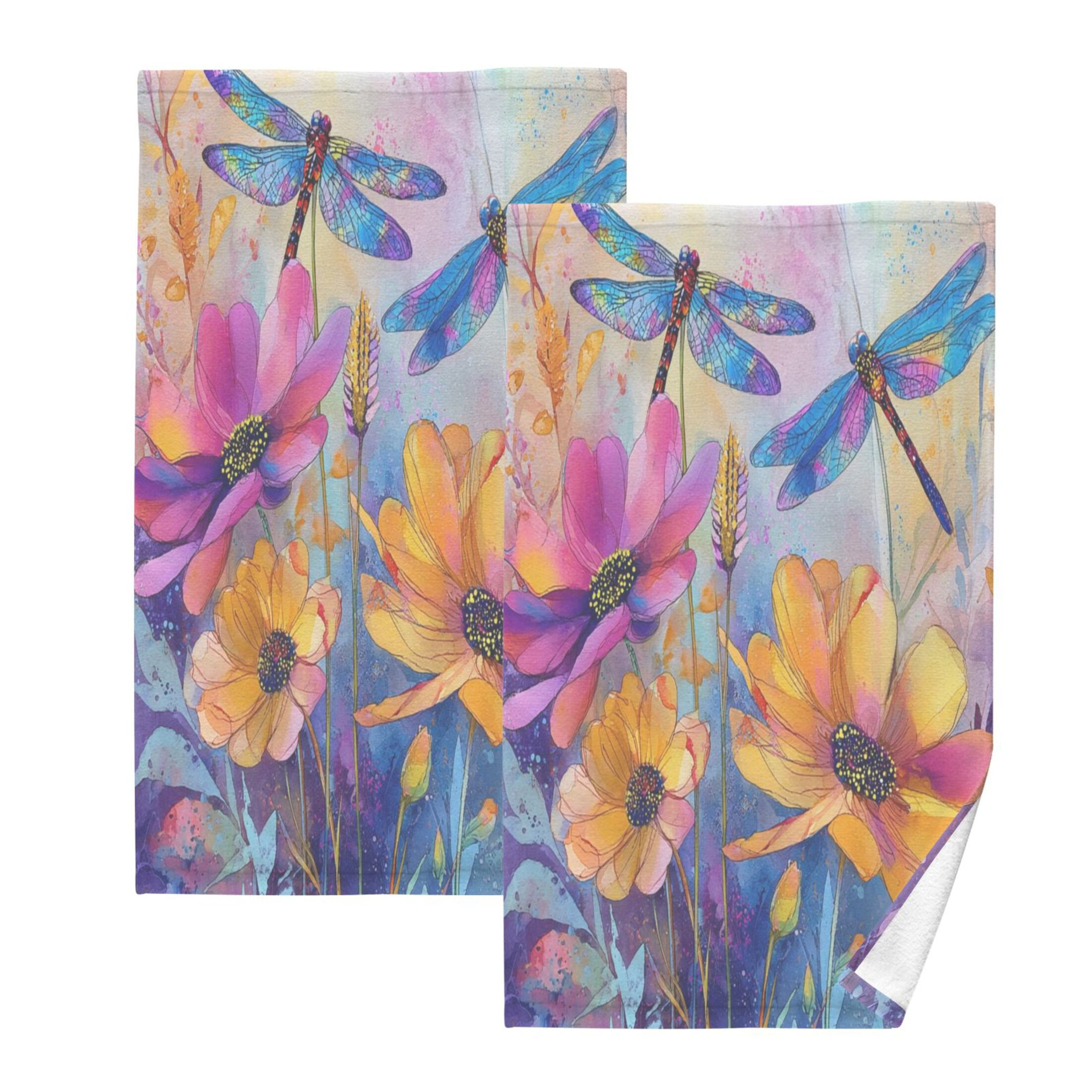 2 Pieces of Cotton Towel Face Towel Set Hand Towel Bath Towel Cotton Bath Towel Sets Blue Dragonfly