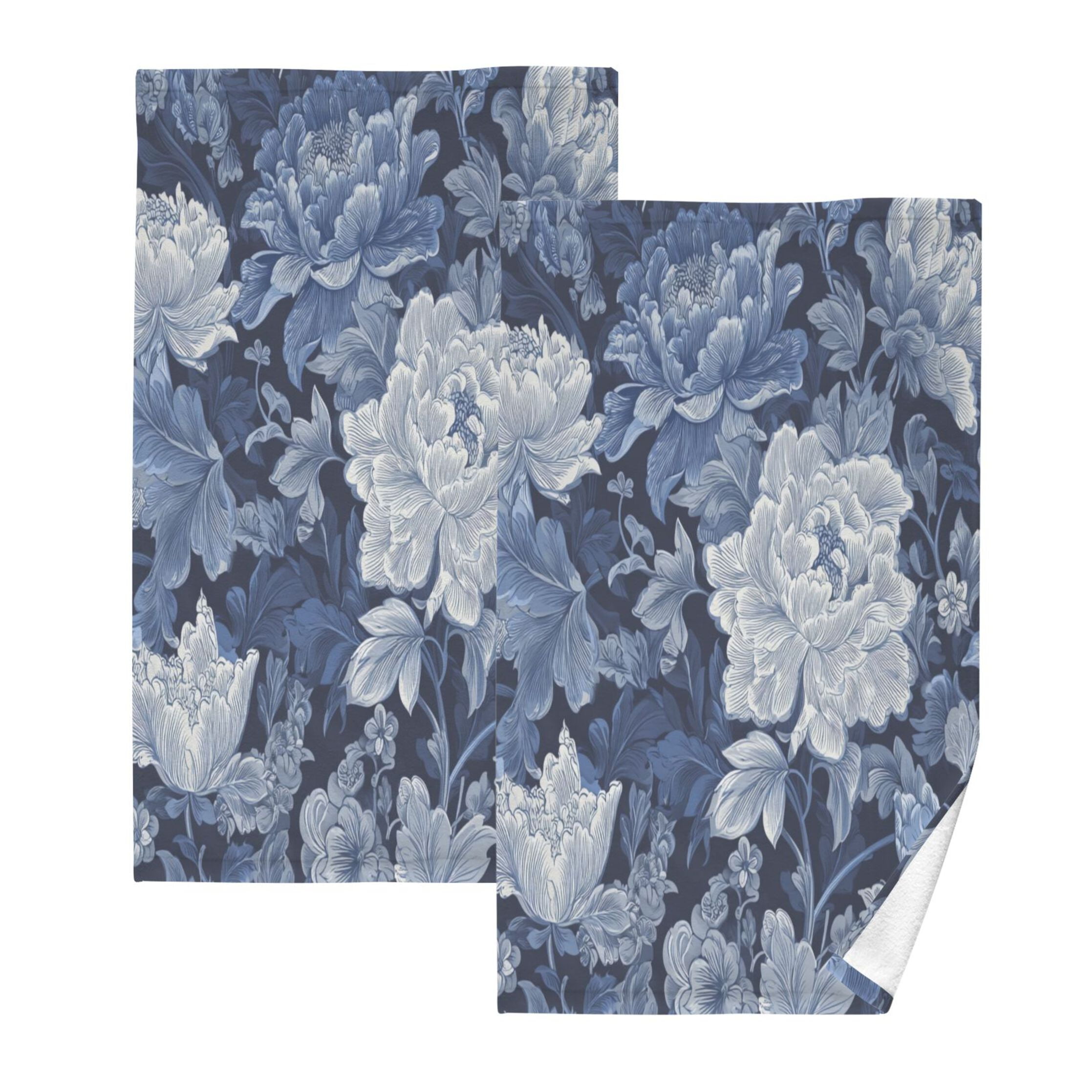 2 Pieces of Cotton Towel Face Towel Set Hand Towel Bath Towel Cotton Bath Towel Sets Blue Flowers Beautiful