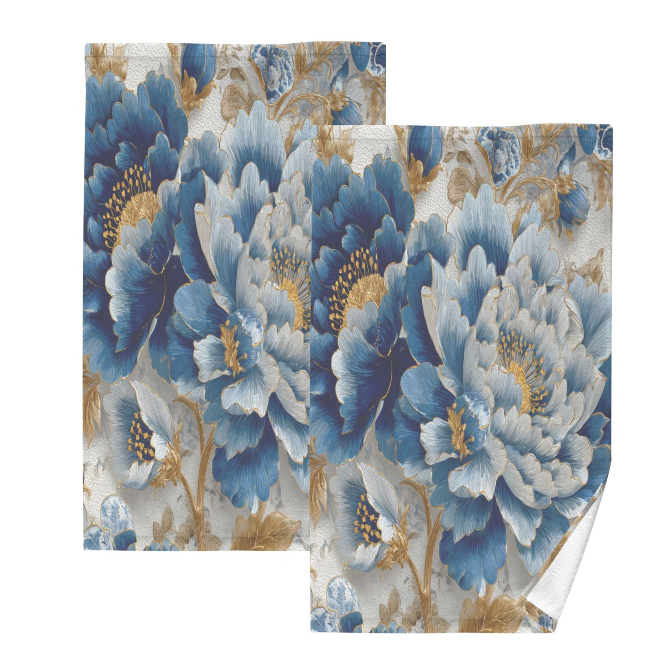 2 Pieces of Cotton Towel Face Towel Set Hand Towel Bath Towel Cotton Bath Towel Sets Blue White Flowers
