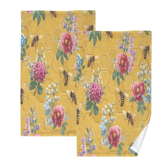 2 Pieces of Cotton Towel Face Towel Set Hand Towel Bath Towel Cotton Bath Towel Sets Honeycomb Bee Watercolor Floral