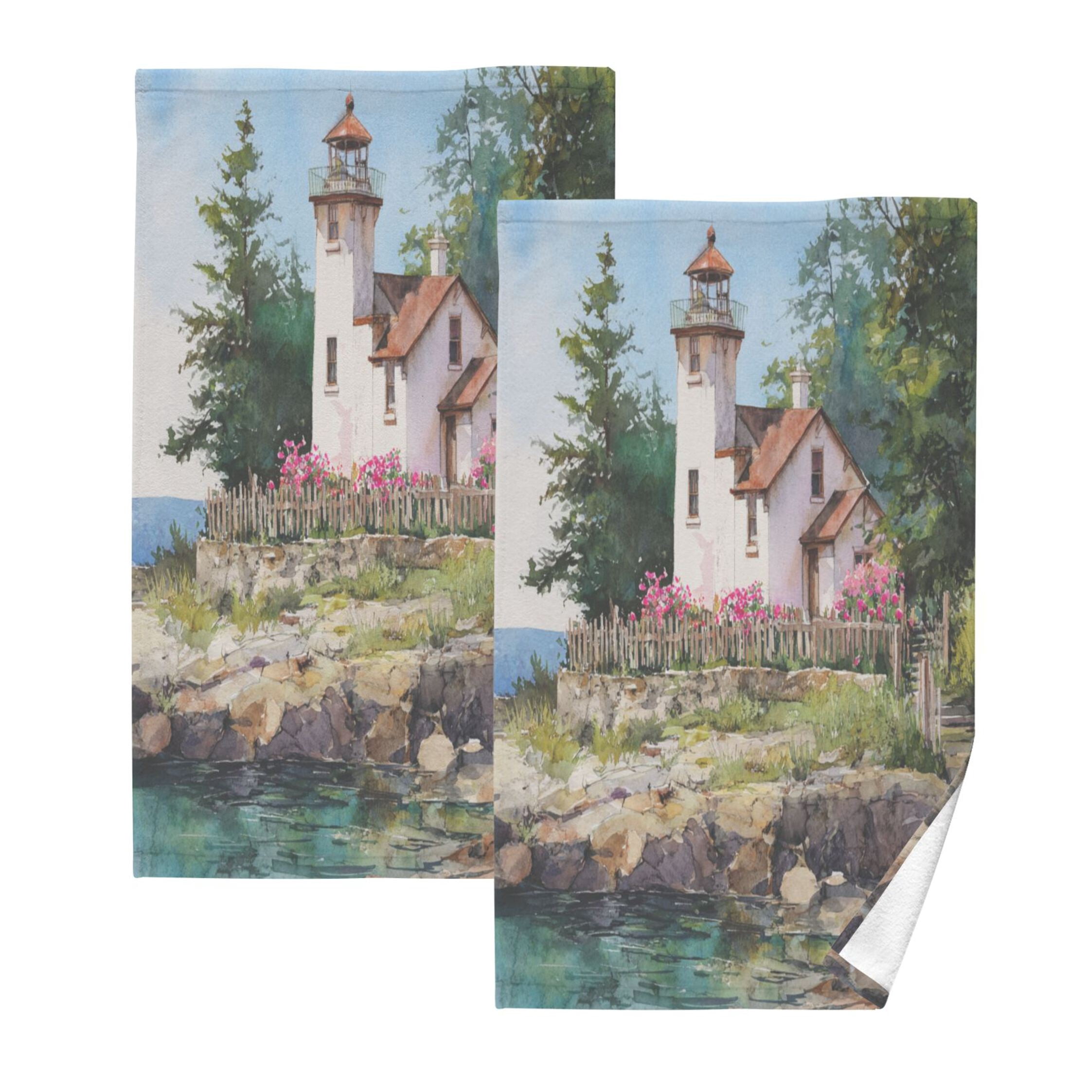 2 Pieces of Cotton Towel Face Towel Set Hand Towel Bath Towel Cotton Bath Towel Sets Lighthouse Brown Roof