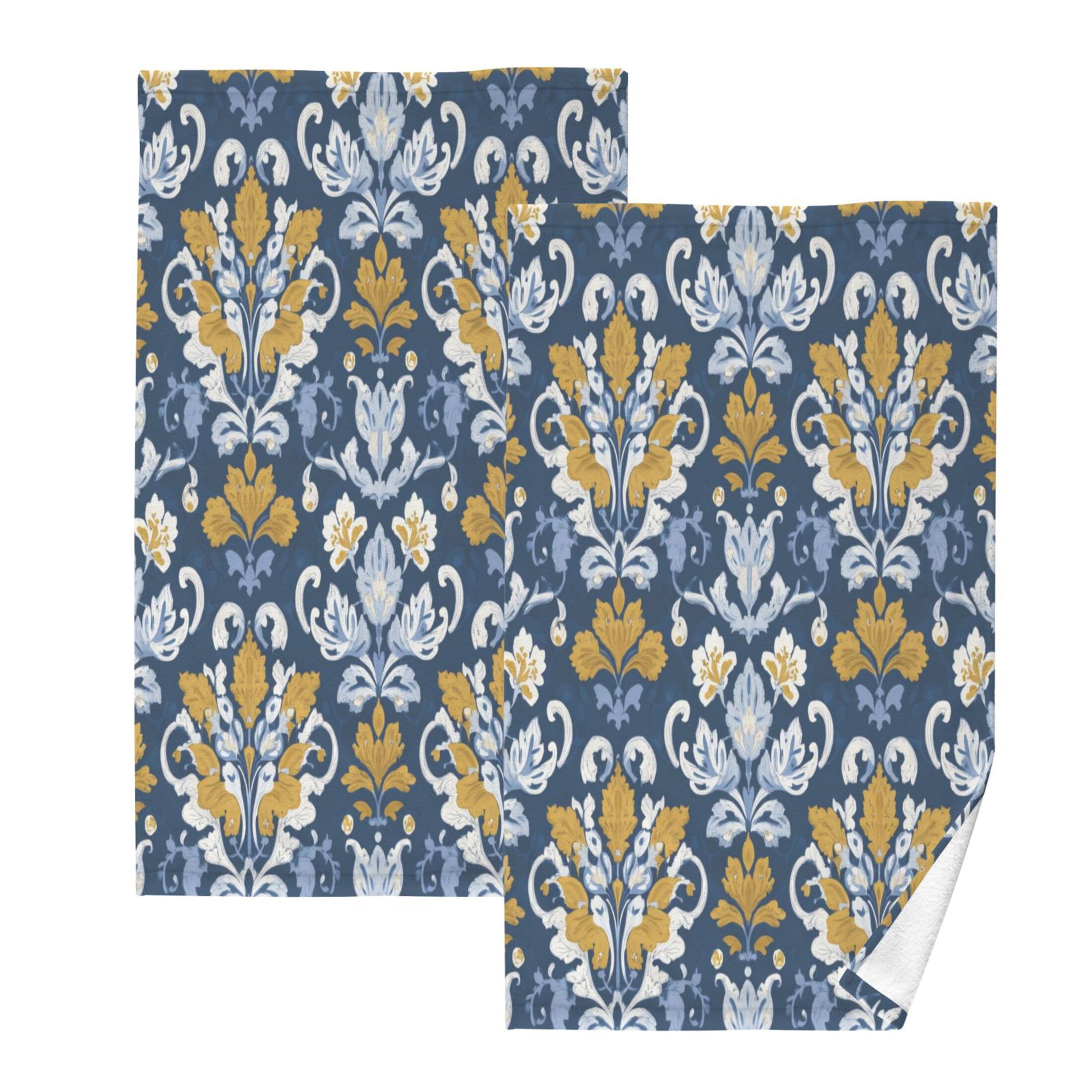 2 Pieces of Cotton Towel Face Towel Set Hand Towel Bath Towel Cotton Bath Towel Sets Navy Damask Golden Florals