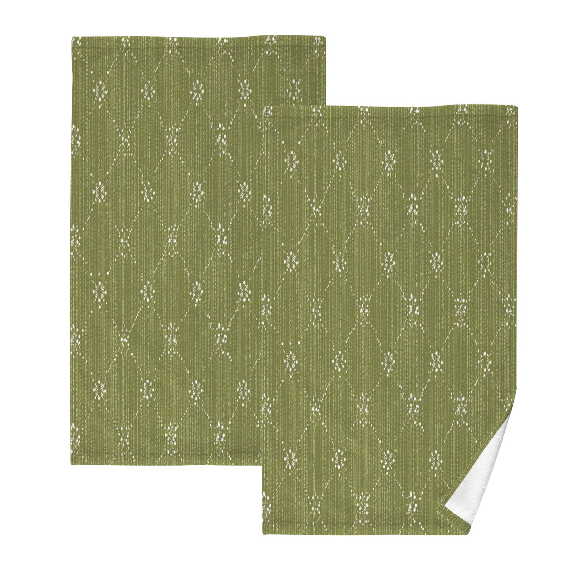 2 Pieces of Cotton Towel Face Towel Set Hand Towel Bath Towel Cotton Bath Towel Sets Olive Green Dotted Lines
