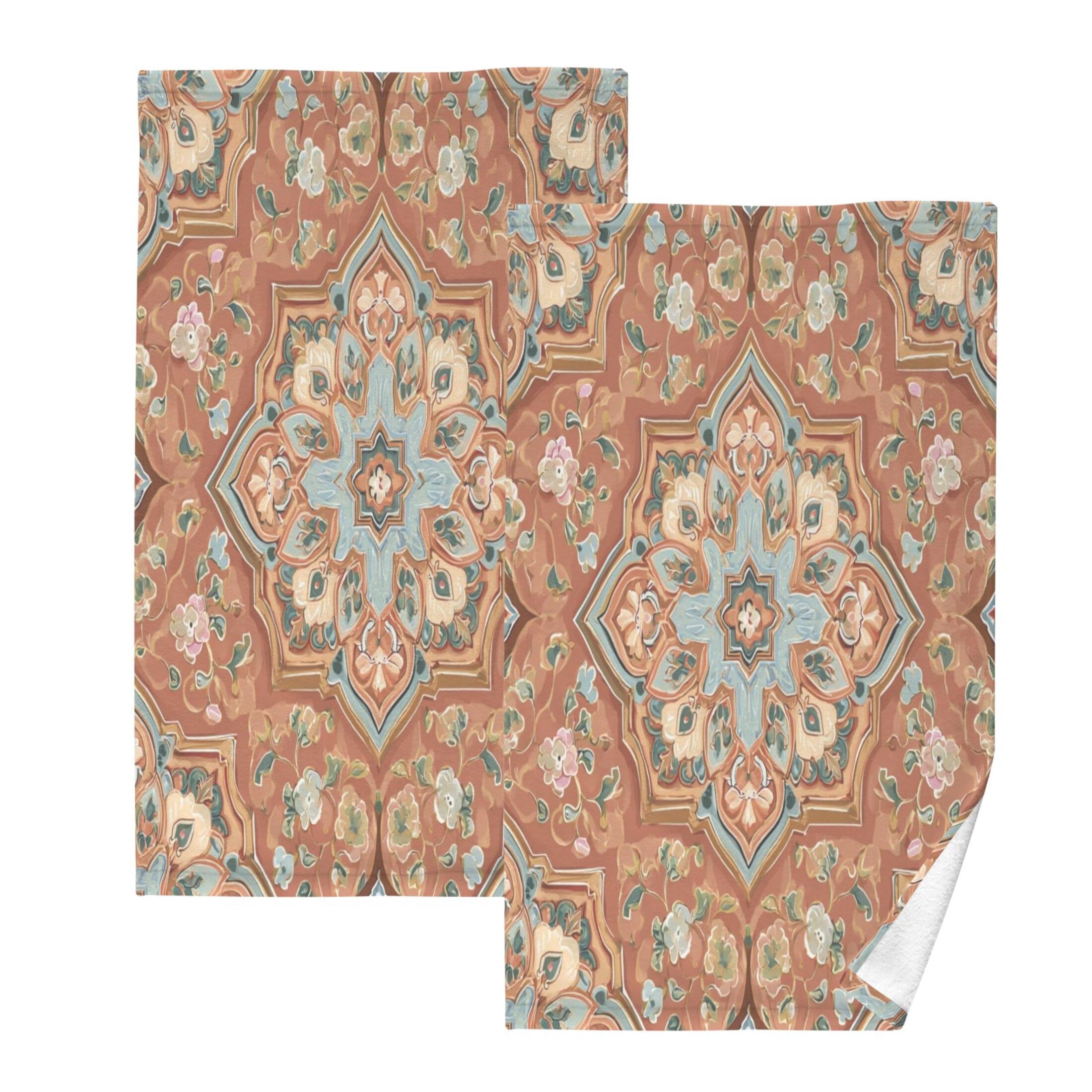 2 Pieces of Cotton Towel Face Towel Set Hand Towel Bath Towel Cotton Bath Towel Sets Terracotta Arabesque Peach Tones
