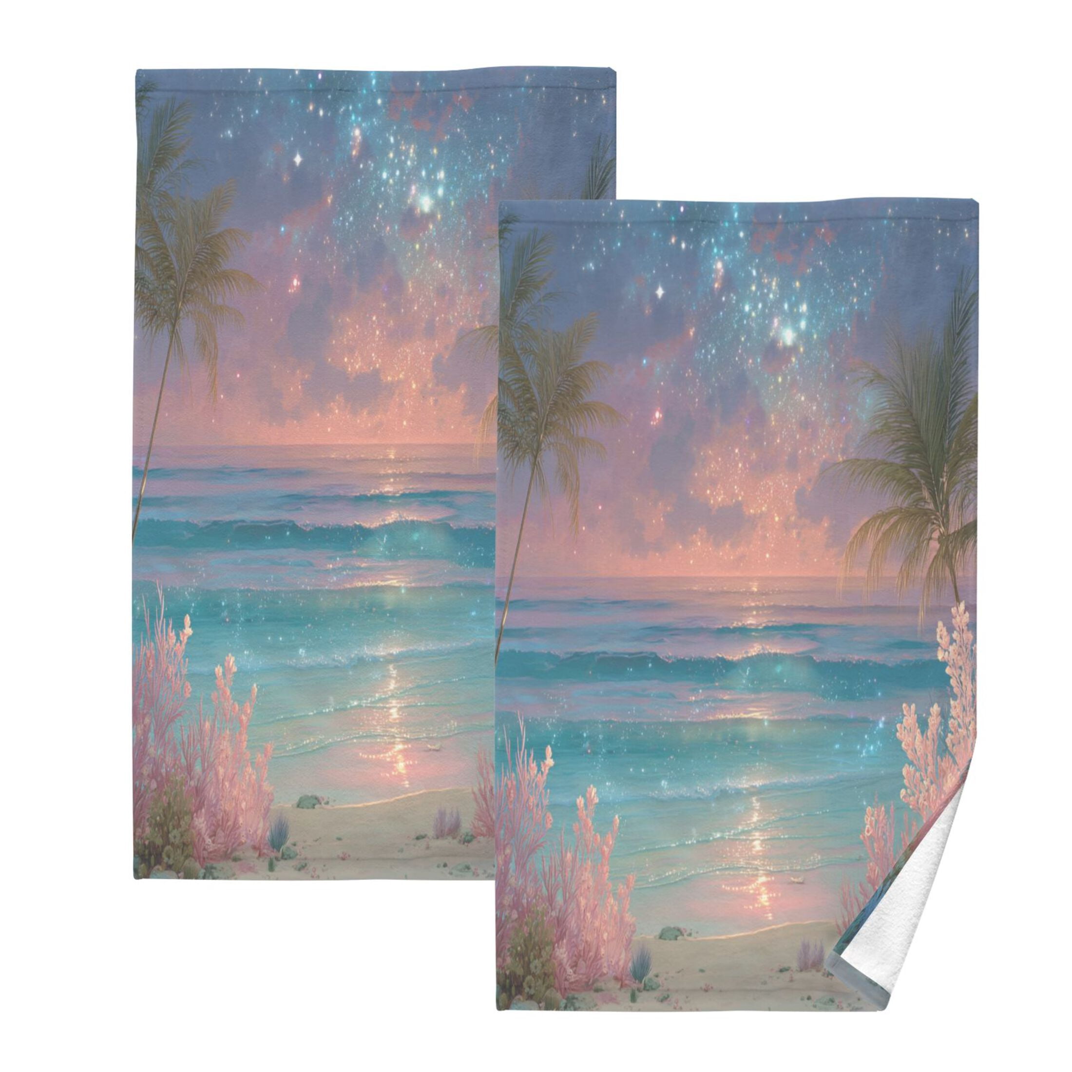 2 Pieces of Cotton Towel Face Towel Set Hand Towel Bath Towel Cotton Bath Towel Sets Tropical Beach Sunset