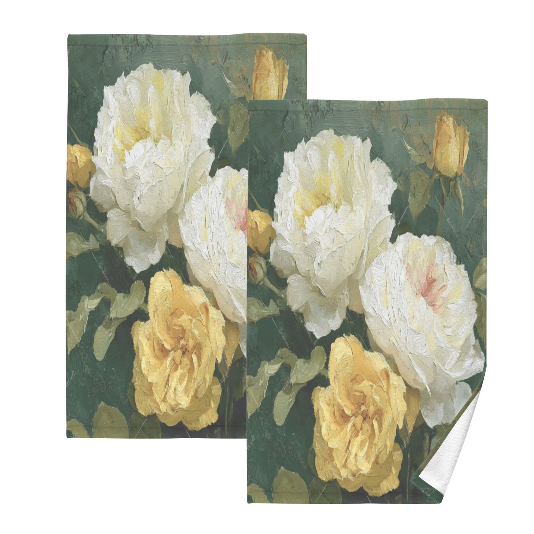 2 Pieces of Cotton Towel Face Towel Set Hand Towel Bath Towel Cotton Bath Towel Sets White Peony Olive Green