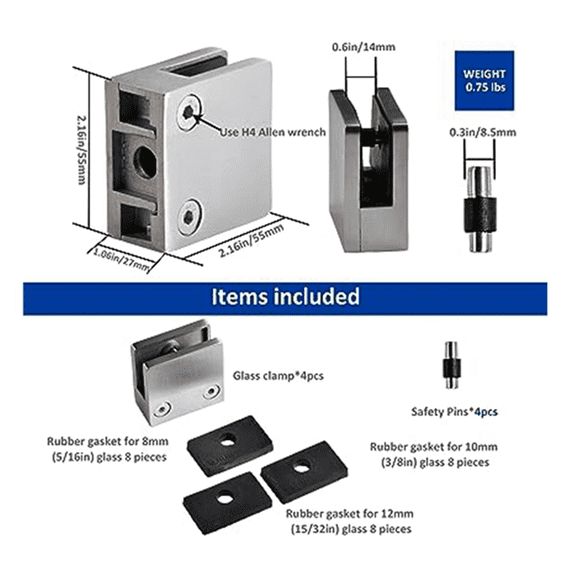 2 Pieces of Stainless Steel Glass Clips, Adjustable Glass Shelf Brackets, Glass Stair Guardrail Fish Mouth Fixing Clips