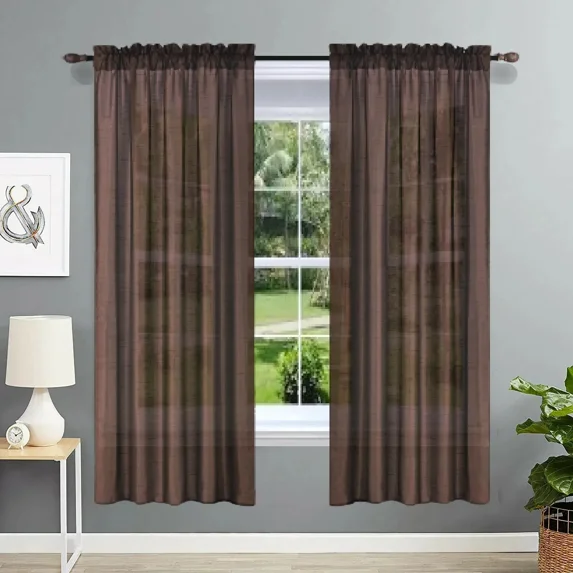 Gorgeous Home Linen 2-pc Semi-Sheer Brown Faux Silk See-Through Curtain Rod Pocket Panels 55" wide x 84" long each pc
