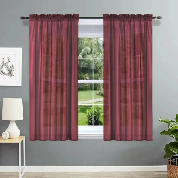 Gorgeous Home Linen 2-pc Semi-Sheer Burgundy Faux Silk See-Through Curtain Rod Pocket Panels 55" wide x 63" long each pc