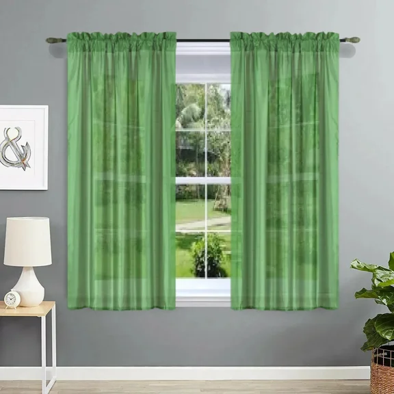Gorgeous Home Linen 2-pc Semi-Sheer Lime Green Faux Silk See-Through Curtain Rod Pocket Panels 55" wide x 63" long each pc