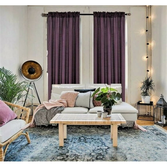 2 Pieces semi sheer purple color faux silk see thru curtain textured panels window treatment with rod pocket privacy light filtering drapes for any room home décor